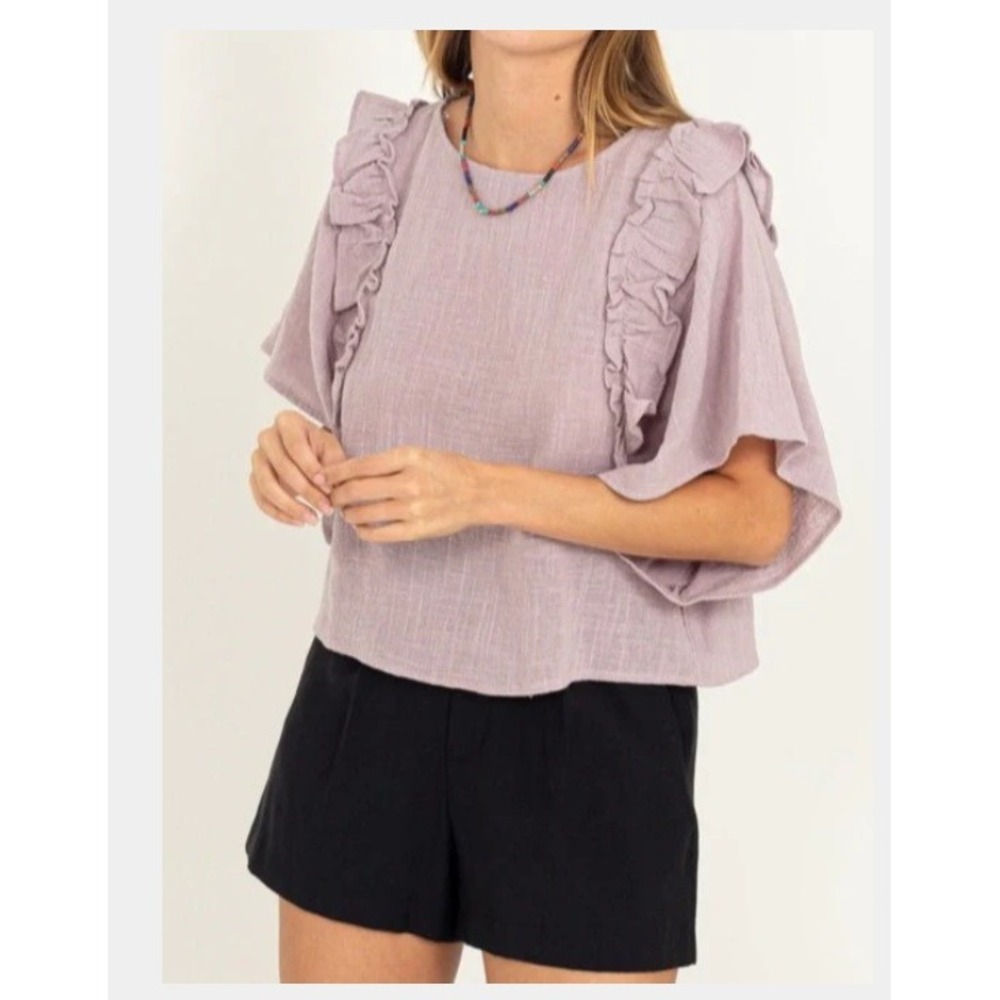 HYFVE Purple Whimsical Ruffle Sleeve 100% Cotton Top Size L Cottagecore Peasant